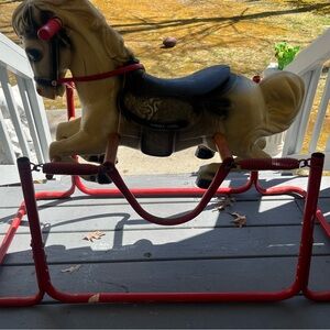 Red and Cream Plush Rocking Horse with Metal Frame Wonder Horse 1968